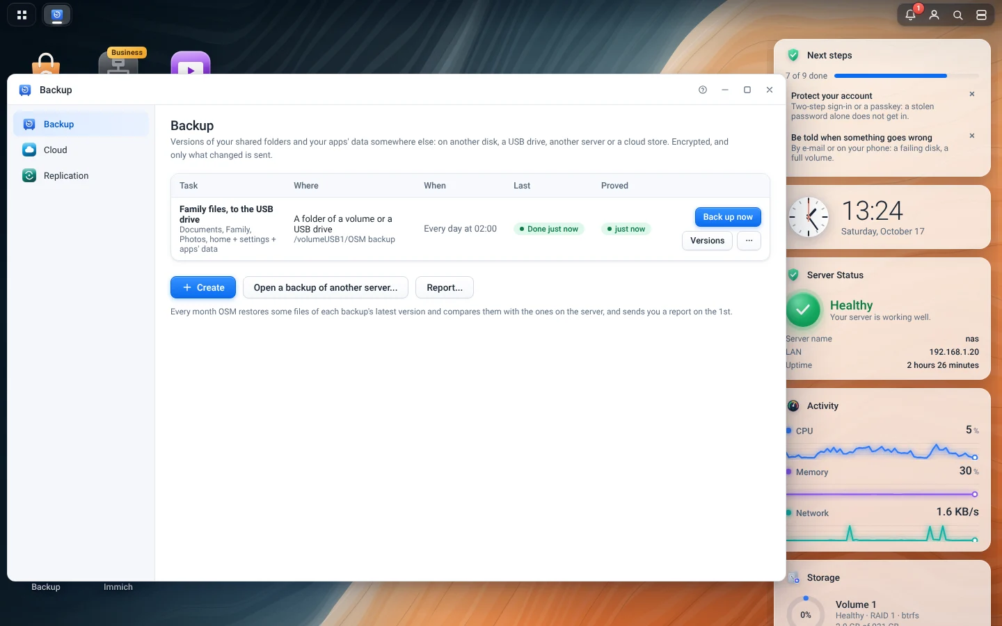 The Backup app: a backup task to a USB drive, every day at 02:00, last done and proved just now.